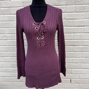 Ultra Flirt Purple Long Bell Sleeve Ribbed Cabernet Sweater Size L (Jr)